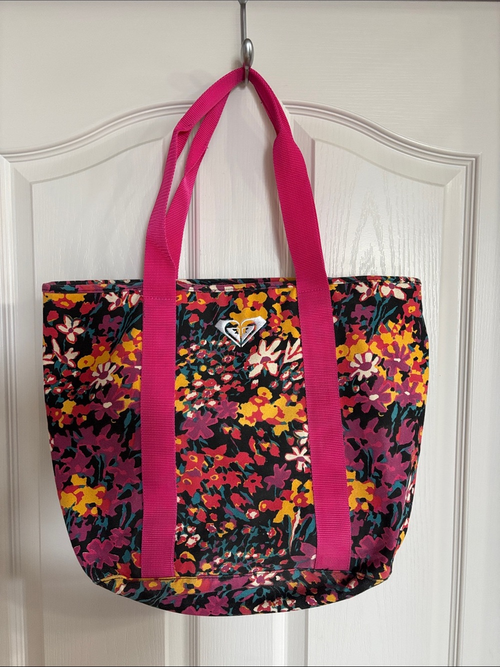 Roxy Floral Canvas Tote with Hot Pink Straps